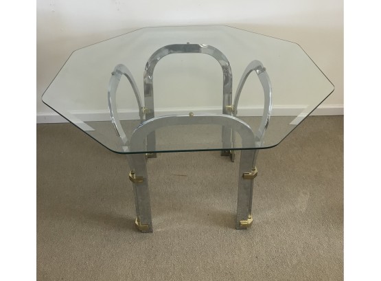 Mid Century Modern Chrome W/ Brass Arched Base Table W/ Beveled Glass Top