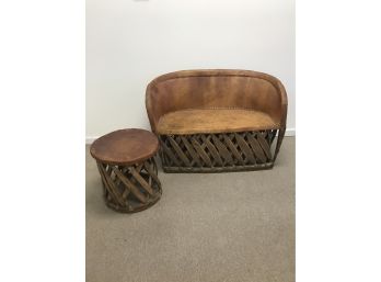 Mexican Equipale Leather And Wood Settee / Sofa And Side Table