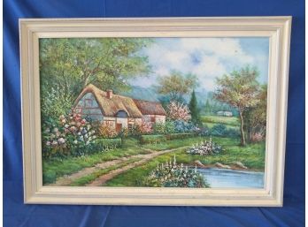 Signed B. Trapp Oil On Canvas Painting Thatched Cottage In The Countryside