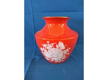 Bright Red Cloisonne Vase With White Flower Decoration