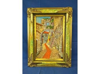 Signed Original Pierre Goulet Painting 'Rue Du Barri' In Gaudy Faux Marble Frame