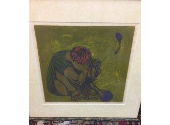 Lithograph Signed Boy And Kite By Listed Artist Barbara Dawiczyk Vartenigian