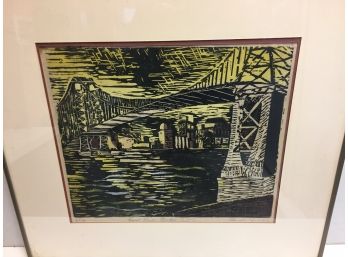 American Woodcut Print East River Bridge New York By Blanche Small