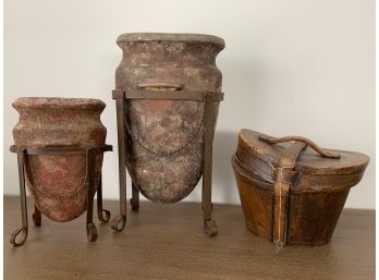 Set Of 3 Home Decor Some Restoration Hardware Rustic Urns And Leather Basket