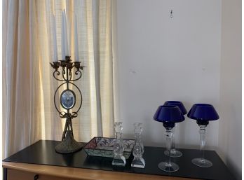Set Of 7 Home Decor Items Candelabra, Blue Candlestick Lamps, Glass Tray, Crystal Candlestick