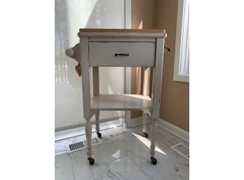 Cream Distressed Colored Butcher Block Cart With A Drawer And Towel Holder 25x17x36