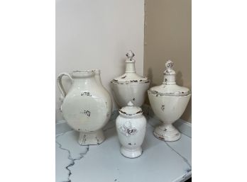 6 Pieces Fortunata Italian White Distressed Ceramics Signed By Tadole (?) From 16H-11H