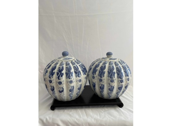 Pair Of Decorative Blue And White Chinese Urns