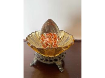 Glass Art Glass Egg And Dish With Brass Feet