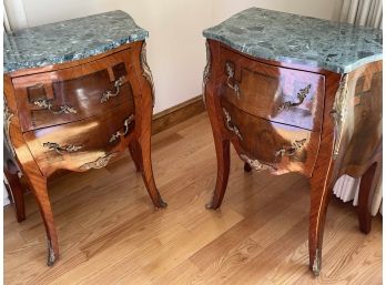 Louis XIIV Style Marble Top Double Drawer Matching Inlay Wood End Tables Excellent Condition