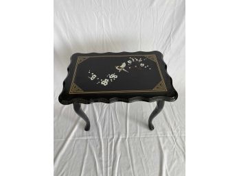 Asian Inspired Black Lacquer Painted Bird Side Table