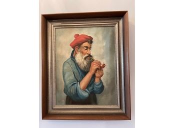 Original Oil Man With Red Hat And Pipe Signed 'Crappy'