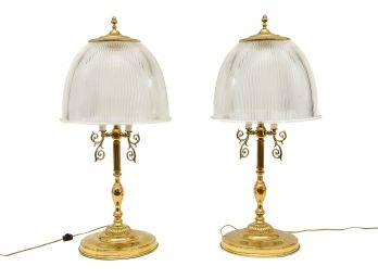 Pair Of Brass Table Lamps With Ribbed Glass Dome Shades