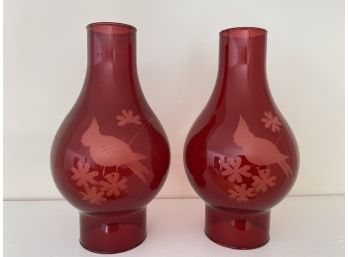 Ruby Red Hurricane Lamp Glass -  Etched Bird Pair