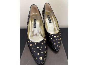 PANCALDI Black Satin Heels Gold Polka Dots Size 7.5B Italy