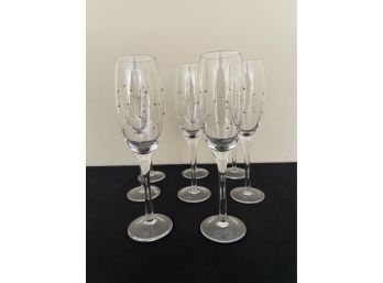 Eight Champagne Flute Glasses With Gold Dot  Blown China