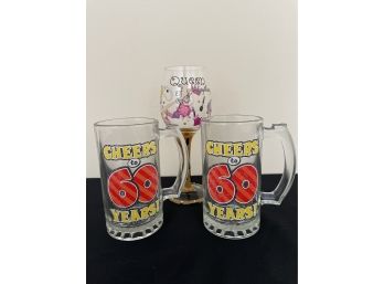 Two 60s Beer Mugs And One Queen Of Everything Wine Glass
