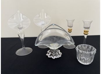 Group Of Glass Candlesticks And Napkin Holder