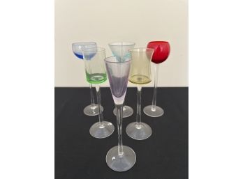 Six Colored Glass Cordial Stems