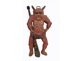 Old Three Ft, Hand Carved Wood Figure Of Chinese Devil Or Demon