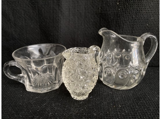 Three Cream Containers With One Mini Cut Glass Pitcher