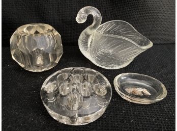 Swan Dish, Horse Dish, And Two Circular Glass Pieces