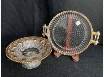 Cut Glass Handled Plate And Stemmed Dish With Gold Details