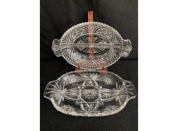 Two Divided Cut Glass Oval Dishes With Handles
