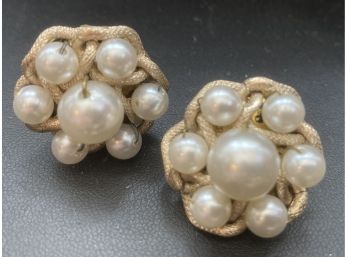 Beautiful Clip On Earrings With White Beads And Gold Colored Roping Stamped Made In Japan