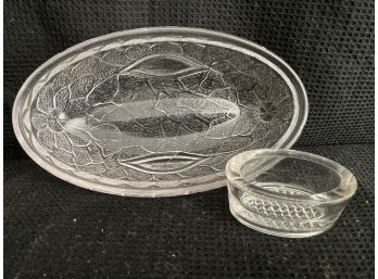 Two Oval Shaped Glass Dishes - Floral Pattern Large Dish And Tiny Plain Dish