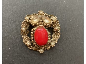 Vintage Pendant With Red Stone In The Middle With Small Pearls And A Few White Stones.