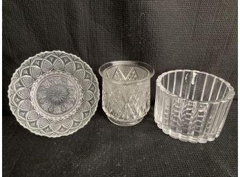 On Circular Cut Glass Bowl, And Two Jars