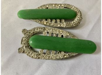 Unique Vintage Rhinestone With Green Centers Clips For Shoes, Belts, Scarves, Lapels Or Jacket Clips