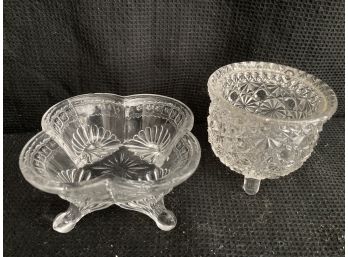 Two Little Cut Glass Dishes With Feet - Clover And Circular
