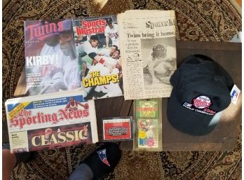 Minnesota Twins Vintage Memorabilia Lot World Series Cap, Magazines, Cards Etc. Includes The Following,