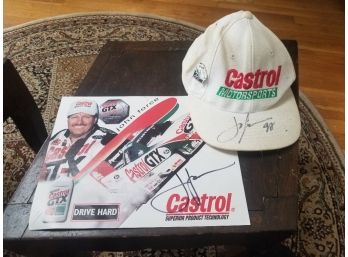 John Force NHRA 1992 Autographed Castrol Cap With John Force Castrol Enamel Pin And 8 1/2' X 11' Signed Color