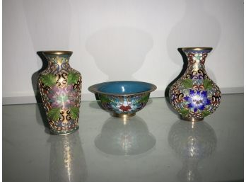 Stunning Trio Of Antique Cloisonne Miniature Pieces