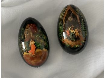 Incredible Pair Of Handpainted Enameled Russian Wood Eggs