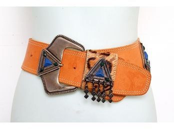 Blue Beach Leather Fur & Stone Embellished Belt