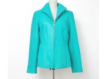 Cole Haan Robin's Egg Blue Leather Zip Up Jacket, Size 12