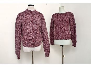 Two Piece Hand Knit Purple Sweater & Cardigan Set