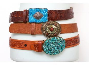 Three Stone Embellished Leather Belts, Size M/L