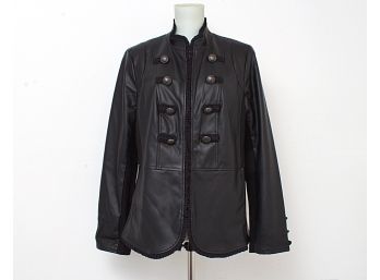 Chico's Faux Leather Black Ruffle  Military Style Zip Up Jacket, Size 1