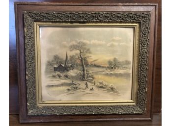 Signed HM Wand, In Antique Frame, Snowy Church By Pond