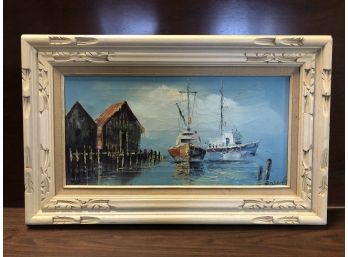 Signed Fishing Vessels In Harbor Painting