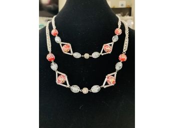 Silver And Red Bead Statement Necklace