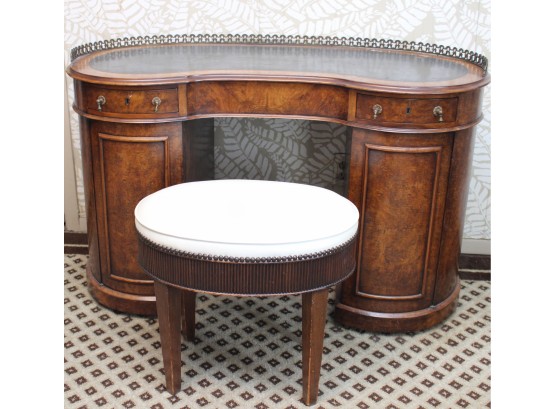 Lovely Vintage Walnut Kidney Desk With Leather Inlay Top And Brass Gallery Edging  With Leather Top Stool