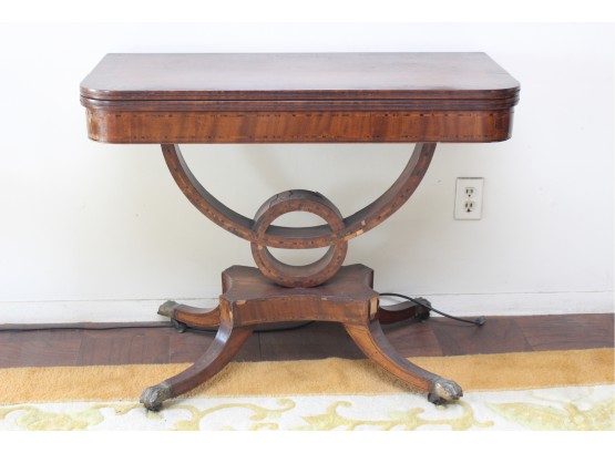 Antique Card Table With Felt Inlay On Brass Hoofed Legs And Casters