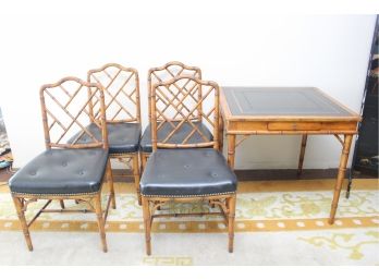 Vintage Card Table With Leather Top Inlay And Matching Chairs
