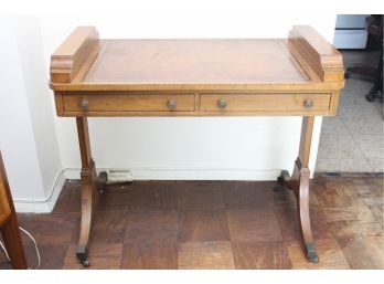 Vintage Writing Desk With Leather Inlay And Brass Hardware On Casters